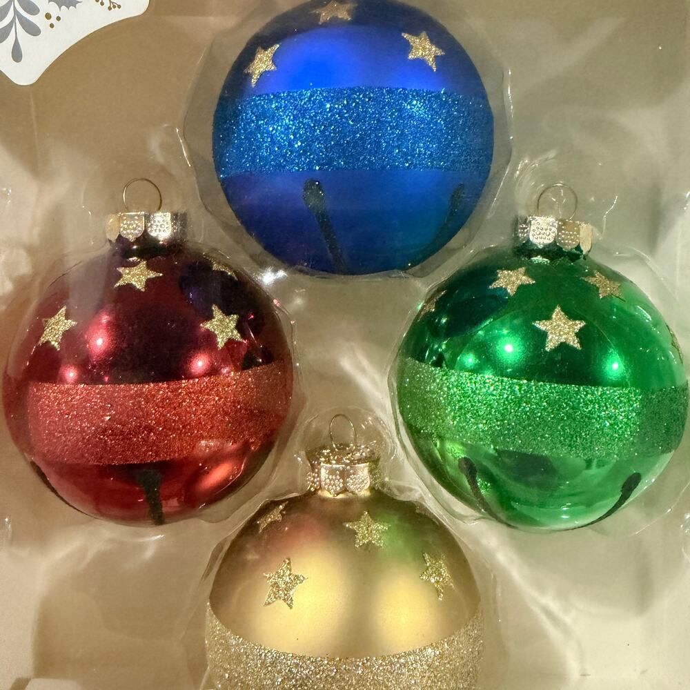4pcs Christmas Tree Ornaments Handcrafted Glass, Stars Red Blue Gold Green - Picture 2 of 4